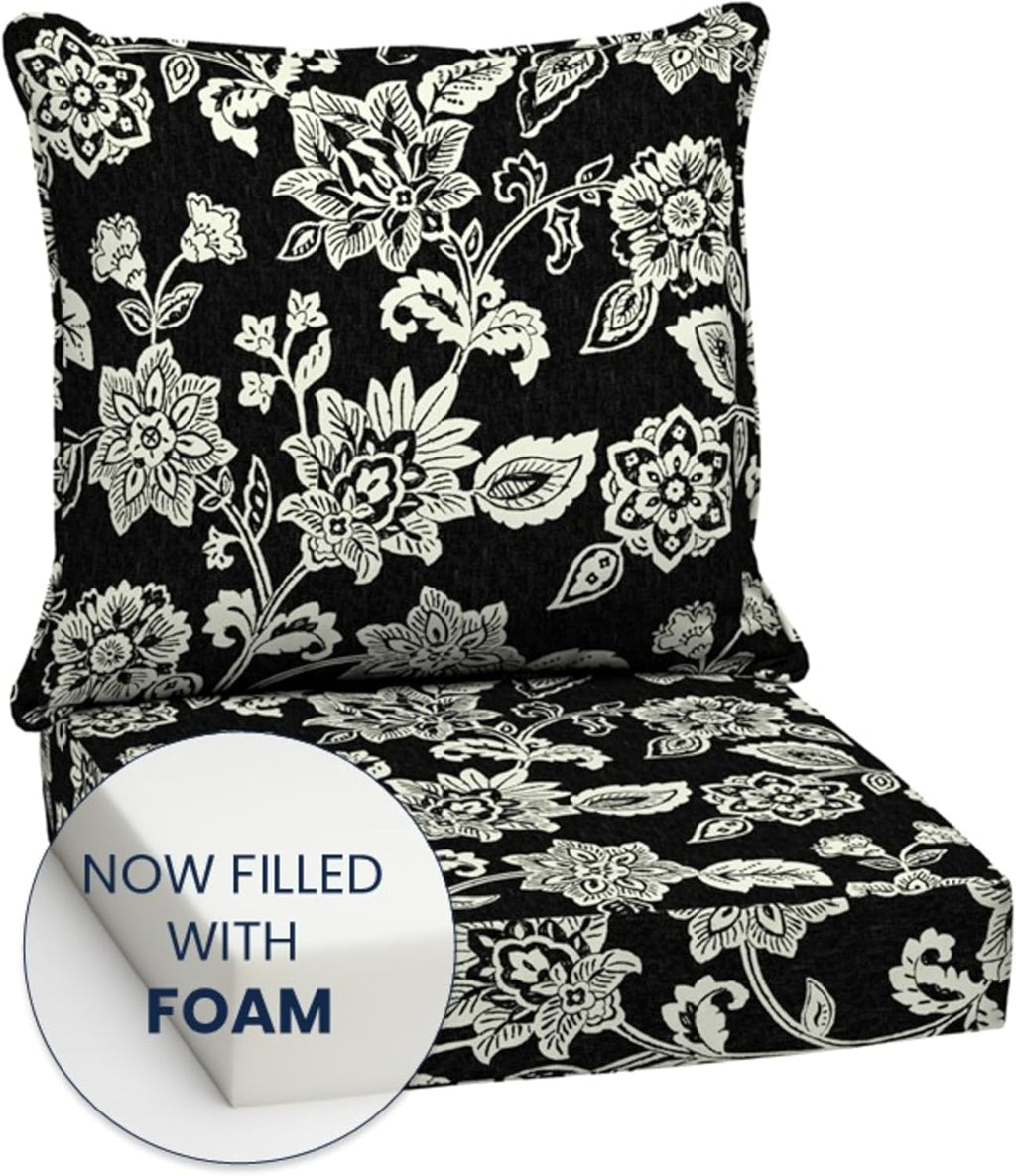 Arden Outdoor Foam Deep Seat Cushion Set, 24 in x 24 in, Weather-Proof, Rain-Proof, Fade Resistant Patio Cushion, Bottom and Back Cushion for Chair, Sofa, and Couch Ashland Black Jacobean