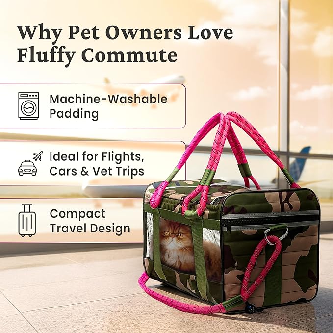 | TSA Airline Approved |Soft Sided Pet Carrier | Cat Carrier | Dog Carrier| Pets Up to 15 lbs | Leash & Luggage Strap | Camo Pink Handle
