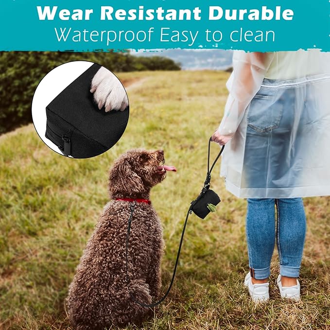 PetBonus Dog Poop Bag Holder, Portable Pet Waste Bag Dispenser, 2 Pouches for Treats and Walking Accessories, Fit All Leashes, Includes 1 Roll of Dog Poop Bags (Black)