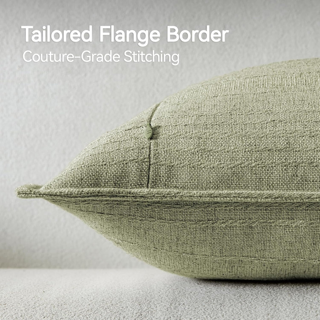 a moment Linen Pillow Covers Set of 2,Boho Farmhouse Throw Pillowcases Neutral Textured Decorative Covers for Couch Sofa,Soft Linen Blend Accent Case Cushion Home Decor 22"x22"Seeding Green