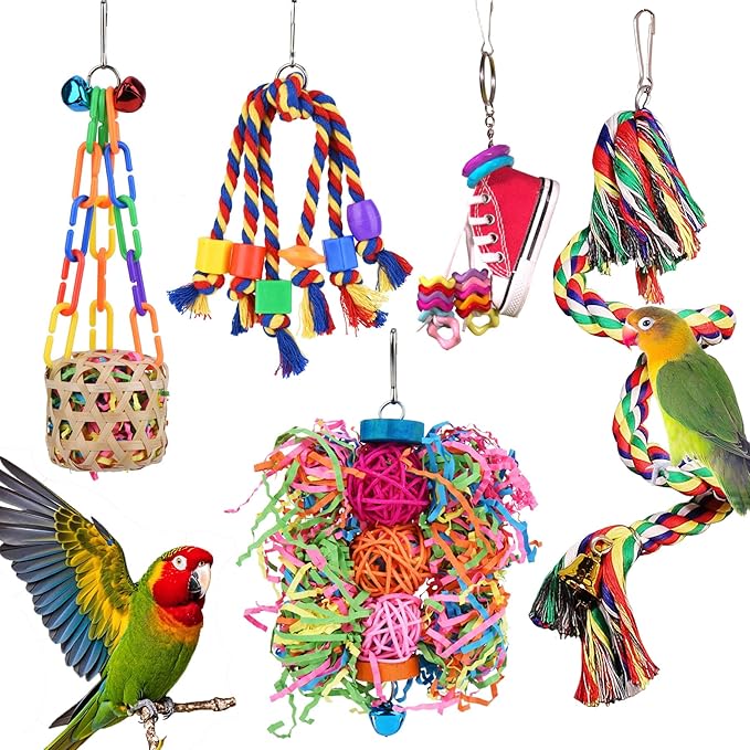 Bird Toys for Parakeet，ESRISE Parrot Conure Chewing Shredding Foraging Toys with Rope Perch, Bird Cage Accessories for Cockatiel Budgies Lovebird