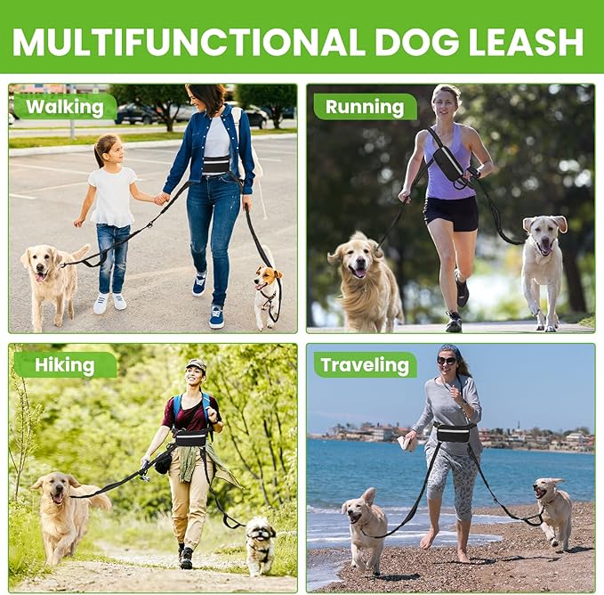 Double Leash for Two Dogs for 2 Dogs with Pouch and 4 Padded Handles for Medium to Large Dogs Running, Walking, Hiking