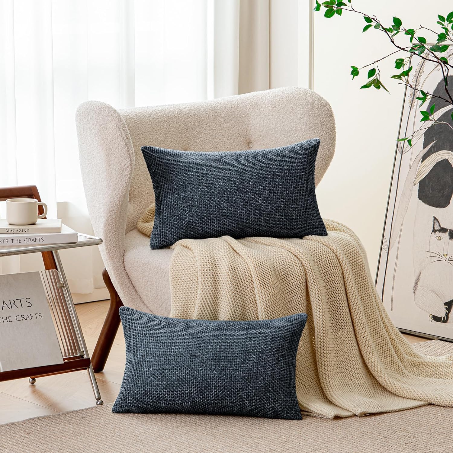 a moment Dark Blue Chenille Throw Pillow Covers 12x20 Inch Pack of 2 Modern Decorative Throw Pillow Covers Farmhouse Cross Covers Home Decor for Sofa Bedroom Living Room