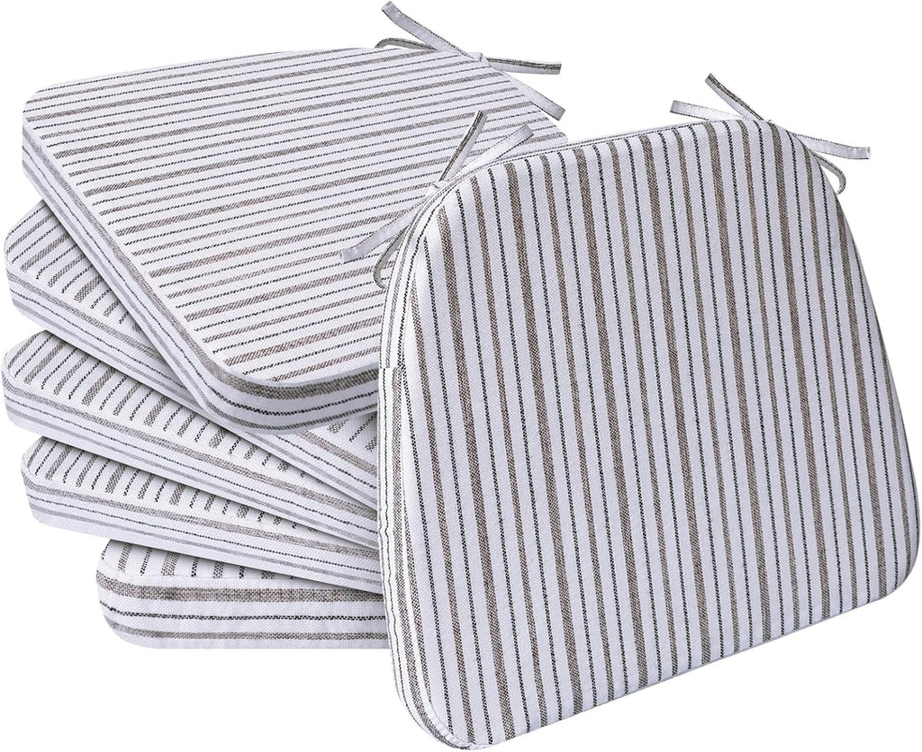 AAAAAcessories D-Shaped Chair Cushions, 2" Thick Dining Chair Pads with Ties and Removable, Machine-Washable Cover, 17" x 16", Set of 6, Pinstripe Brown