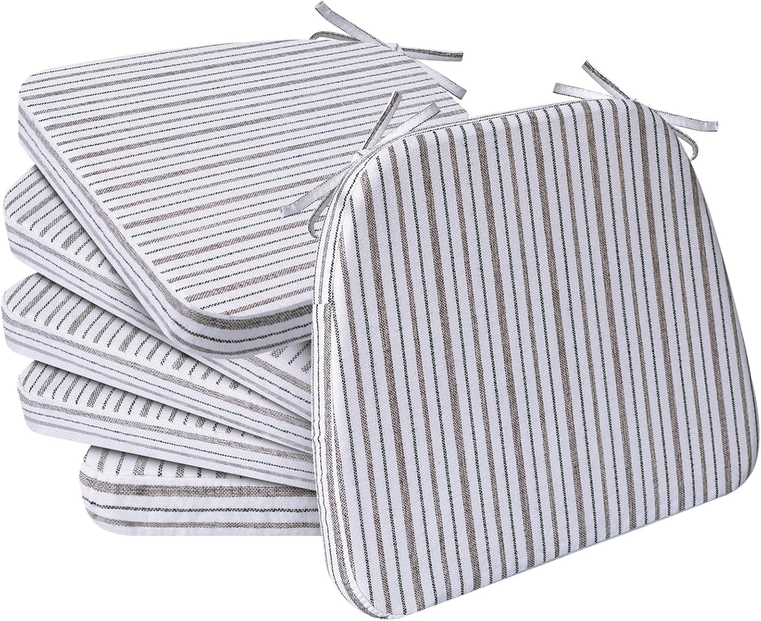 AAAAAcessories D-Shaped Chair Cushions, 2" Thick Dining Chair Pads with Ties and Removable, Machine-Washable Cover, 17" x 16", Set of 6, Pinstripe Brown