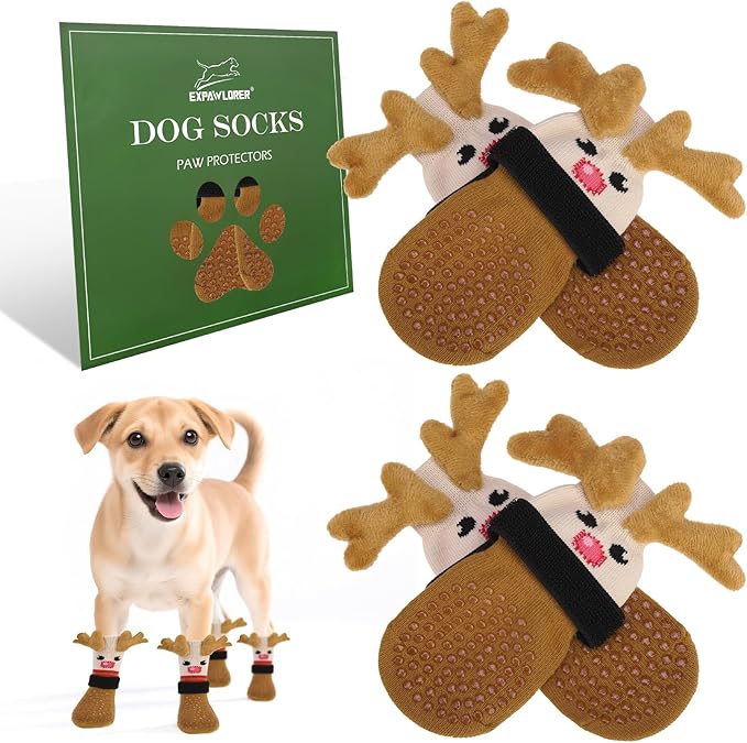 EXPAWLORER Christmas Anti Slip Dog Socks to Prevent Licking Paws, Boots & Paw Protectors with Grippers,Doggie Booties for Hardwood Floors for Small Medium Large Senior Dogs Lifelike Costume Reindeer S