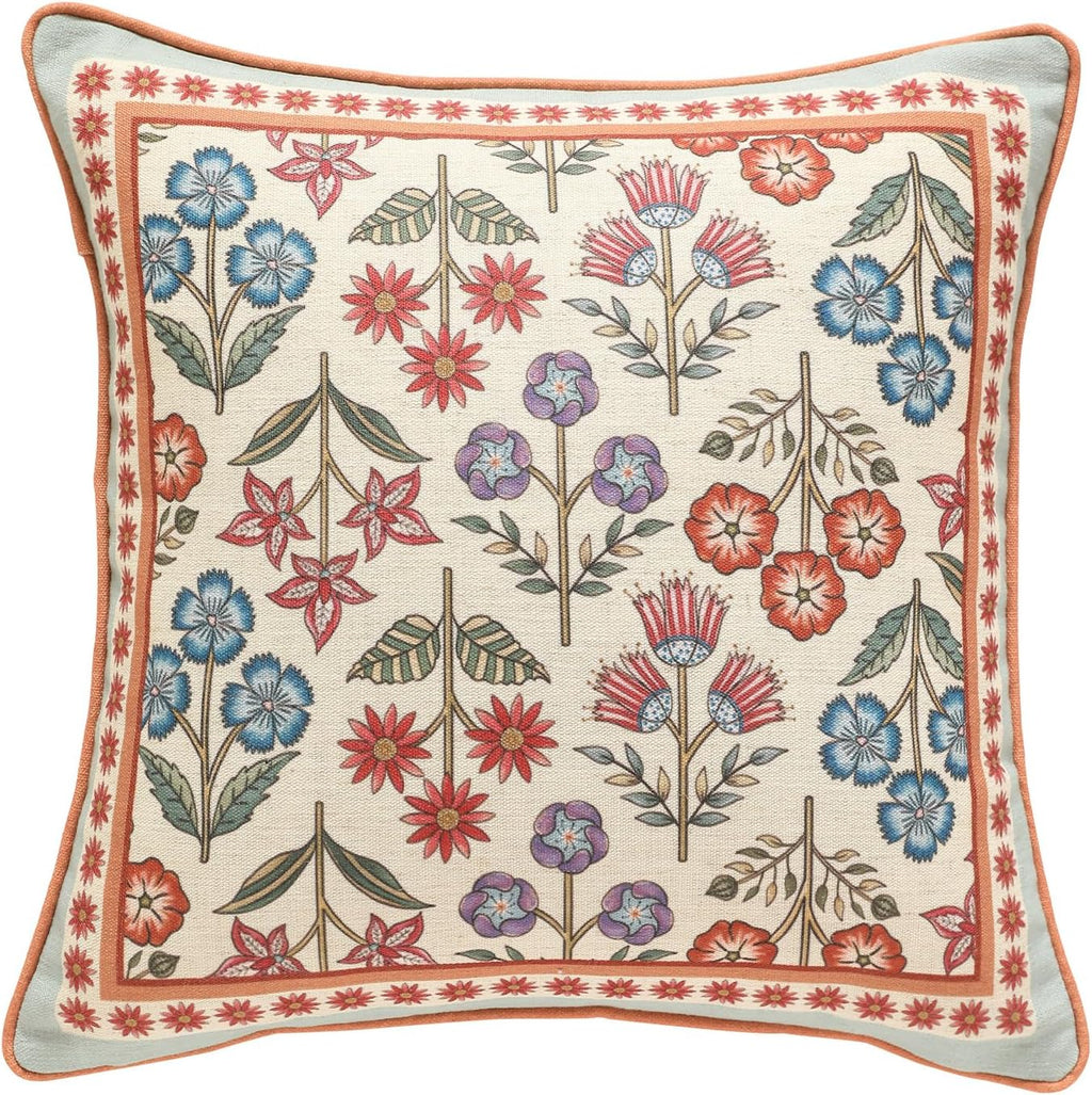 Blue Throw Pillow Covers,Cottage Rustic Farmhouse with Wild Flowers Pattern Linen Pillowcases,Decorative Square Pillows Cushion Cover for Couch Sofa Bed Chair Car,18x18 Inches