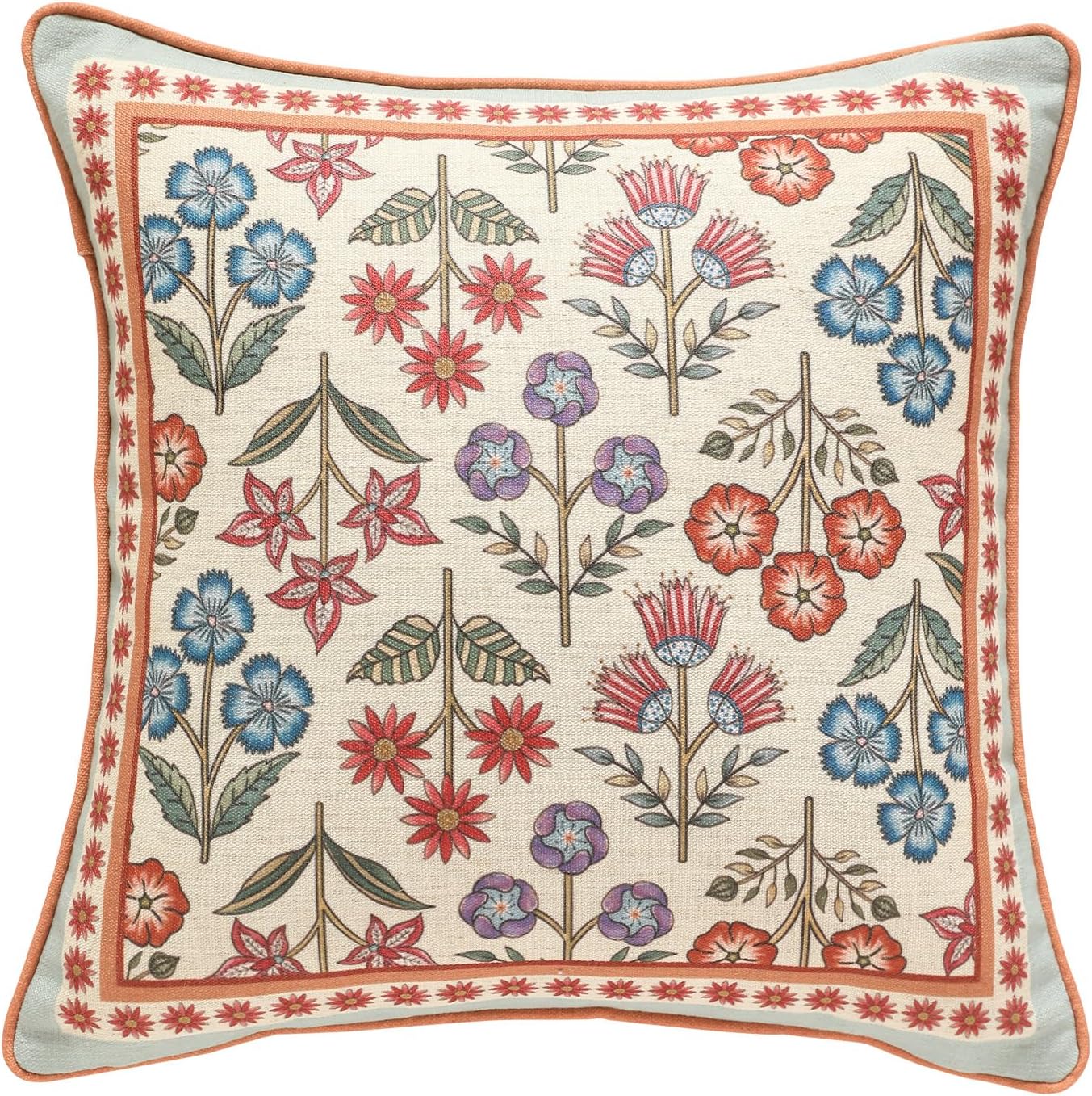 Blue Throw Pillow Covers,Cottage Rustic Farmhouse with Wild Flowers Pattern Linen Pillowcases,Decorative Square Pillows Cushion Cover for Couch Sofa Bed Chair Car,18x18 Inches