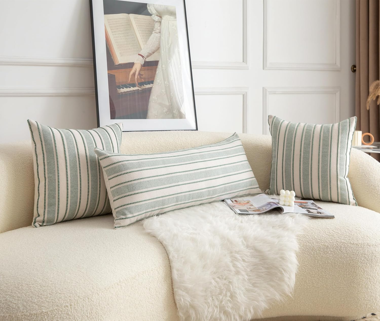 Decorative Boho Lumbar Pillow Covers, Modern Farmhouse Couch Pillowcase, 14 x 36 Long Accent Body Throw Pillow Covers, Sofa Bed Living Room Decor Cushion Case, Green and Beige, Pack of 1