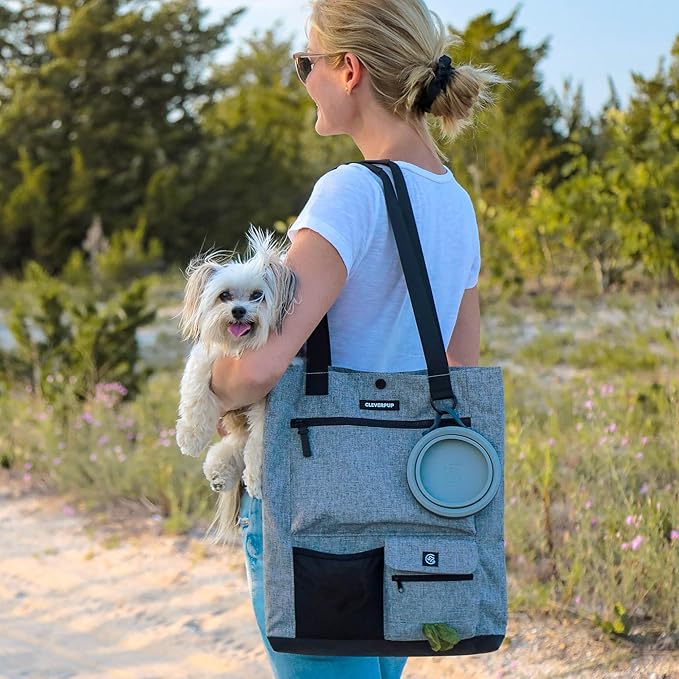 Park Pack 2-Piece Set Dog Gear Tote – Dog Travel Bag with 8 Pockets, Treat Pouch, Poop Bag Dispenser, Quick-Dry Ball Pocket, Collapsible Bowl, Perfect for Walks & Park Trips, Heather Grey