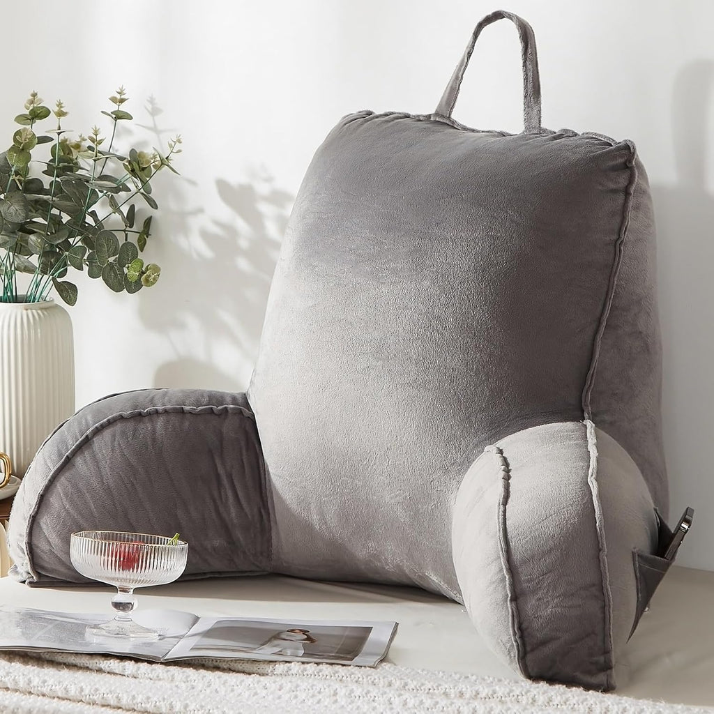 Reading Pillow for Sitting in Bed Adult,Back Pillow for Bed Sitting Up,Backrest Back Support Chair Pillow, College Dorm Essentials for Girls and Boys, Velvet Grey L
