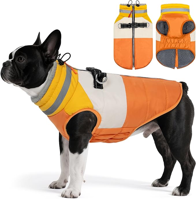 Dog Coat, Waterproof Dog Winter Coats for Small Dogs, Reflective Dogs Jacket with Harness Built in, Zip-up Cold Weather Coats Pet Vest Turtleneck Doggy Snowsuit, Orange Medium
