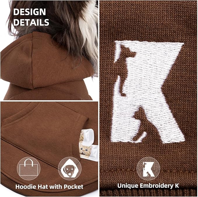 Koneseve Dog Hoodie & Cat Sweater, Warm Fleece Hooded Soft Winter Sweatshirt for All Breeds, Cozy Pet Clothes, Brown, M