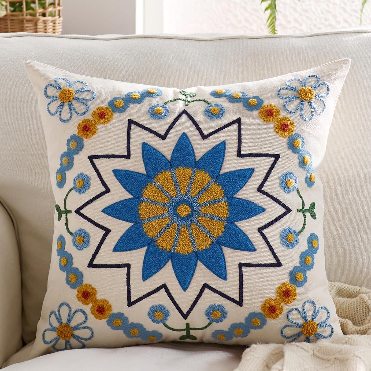 Embroidered Throw Pillow Cover 20x20 Classic Boho Floral Pattern Pillows Cover Outdoor Decorative Pillowcase,Durable Cozy Textured Cushion Case for Sofa Couch Bed Living Room,Blue Orange