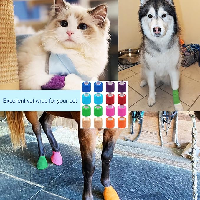 16 Pack Self Adhesive Bandage Wrap, 2" X 5 Yards Mixed Colors Elastic Cohesive Bandage Wrap for Sports, Wrist, Ankle and Vet Wrap, Grip Tape