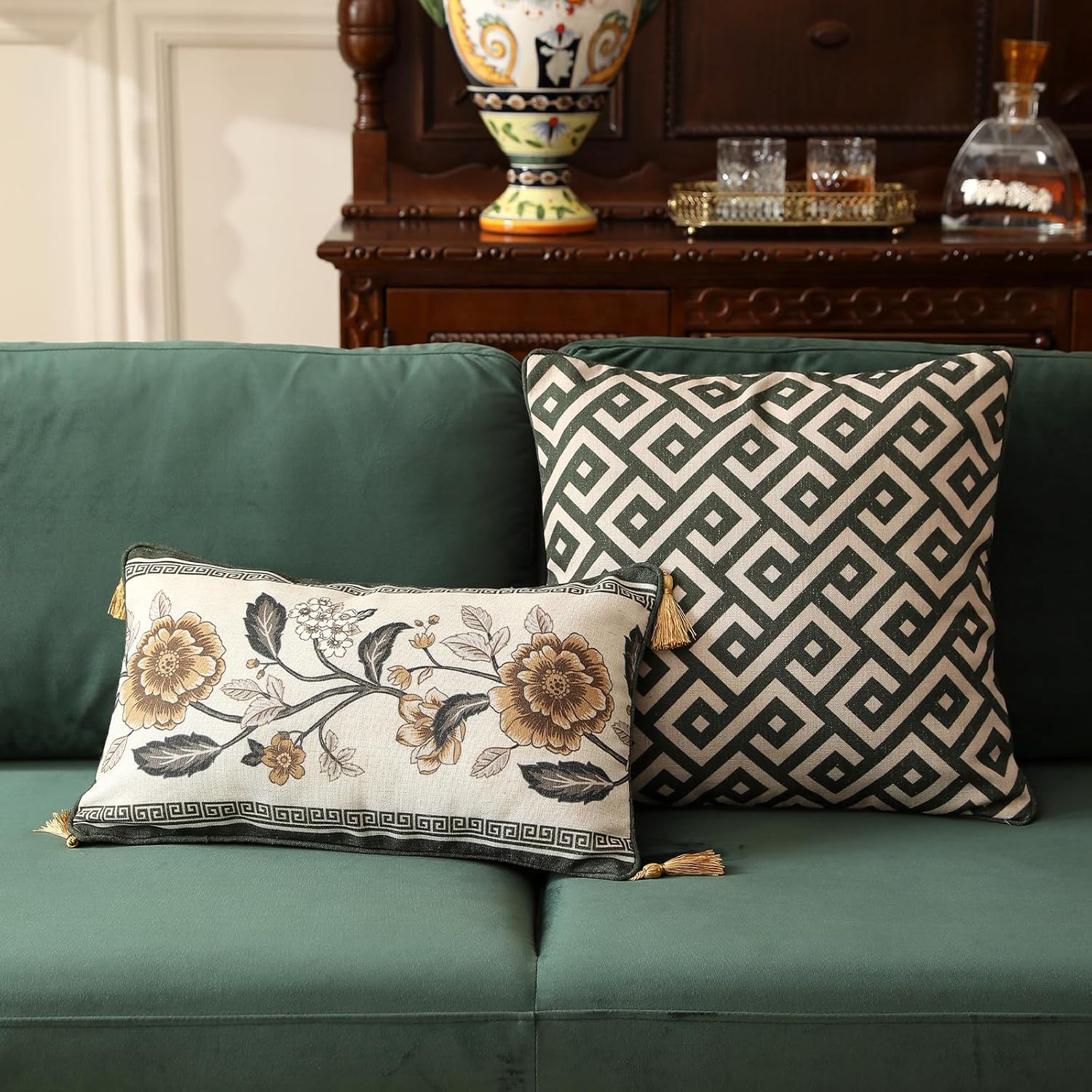 ISAENNE Design Linen Chinoiserie Rectangle Throw Pillow Covers 12"x20", Farmhouse Cushion Covers with Yellow Floral Birds Pattern Decoration Pillowcases for Bed,Living Room,Outdoor,Car