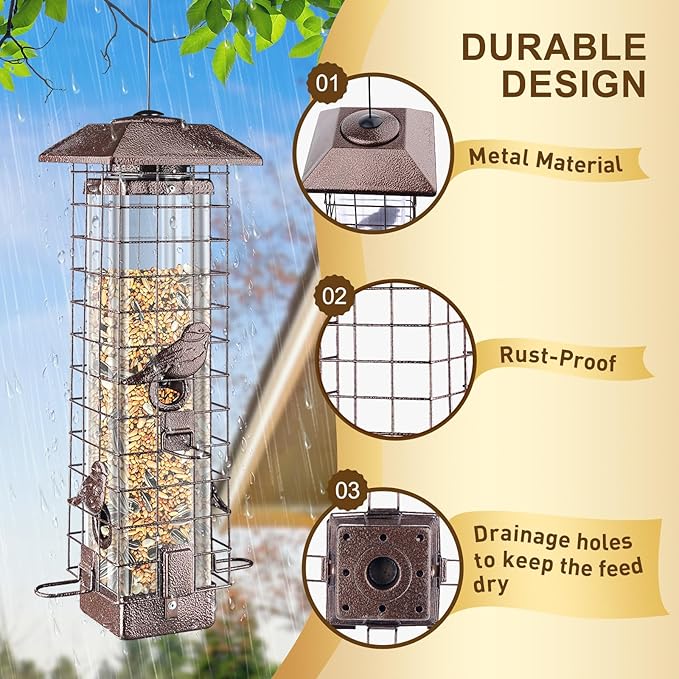 Squirrel Proof Hanging Bird Feeder for Outdoors, Gravity Protection Metal Wild Bird Feeder, 3LB Large Capacity, 4 Ports, Cardinal, Chickadee, Durable & Weatherproof, Ideal for Backyard