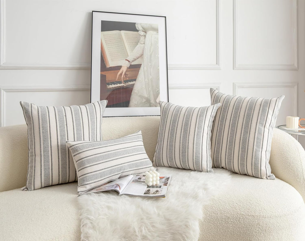 Decorative Boho Throw Pillow Covers, Farmhouse Textured Pillow Case, 18 x 18 Inch Set of 2, Chair Sofa Bedroom Living Room Home Decor Couch Cushion Case, Grey and Beige Striped