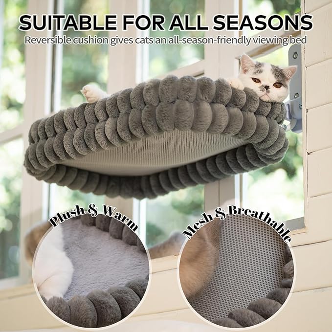 CHEERPALS Cat Window Perch for Indoor Cats Hammock for Window with Reversible Cushion, Foldable Cat Window Bed for Large Cats and Kittens(Grey,Medium)