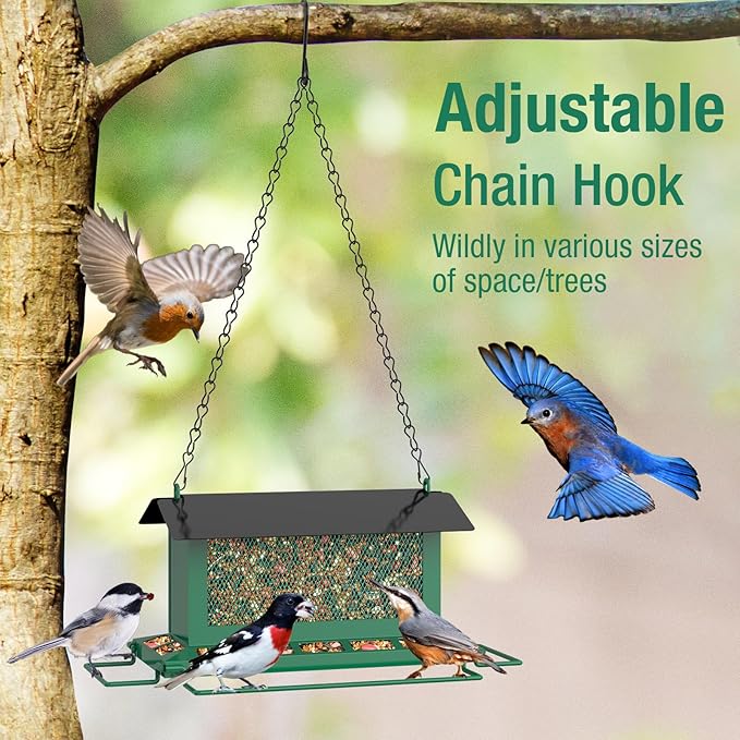 Bird Feeder for Outdoor Hanging, Large Squirrel Proof Birdfeeders with 14 Feeding Ports - Heavy Duty Metal Bird Feeders for Large Capacity Outside Hanging, Green
