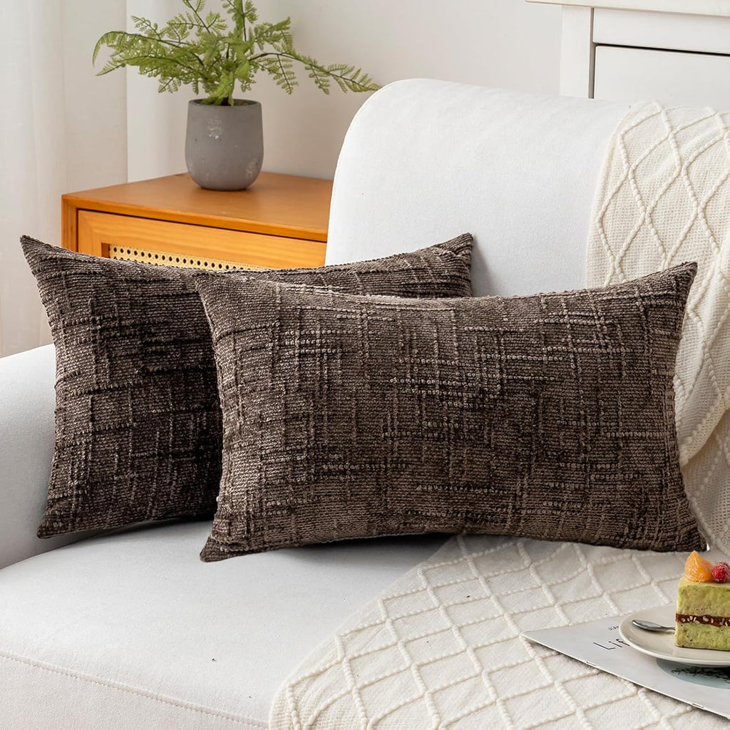 Decorative Throw Pillow Covers 12x20 Inch Set of 2, Soft Solid Farmhouse Chenille Couch Pillows, Spring Pillow Covers for Couch Sofa Bed Living Room Home Decor Pillowcase, Brown