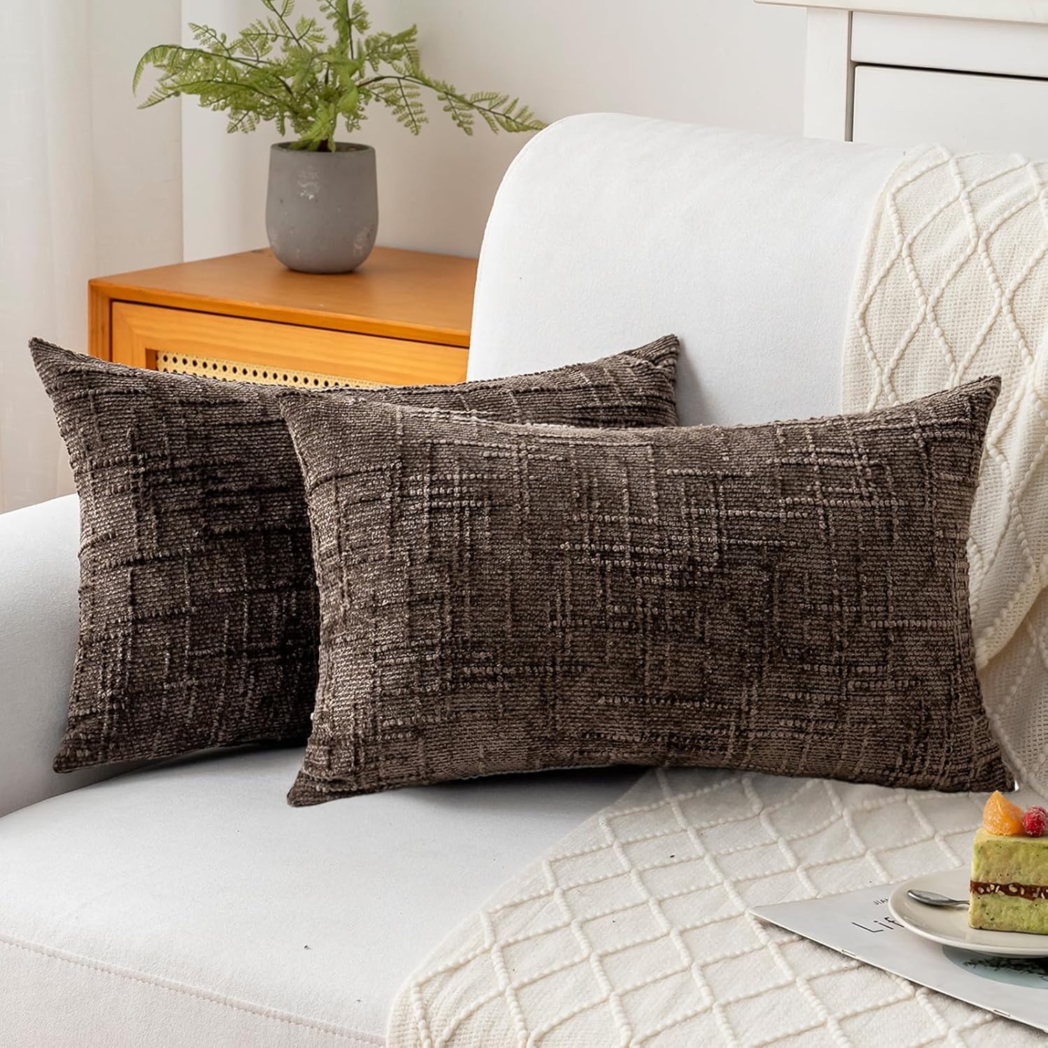 Decorative Throw Pillow Covers 12x20 Inch Set of 2, Soft Solid Farmhouse Chenille Couch Pillows, Spring Pillow Covers for Couch Sofa Bed Living Room Home Decor Pillowcase, Brown