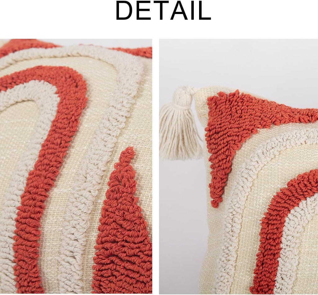 Bohemian Rainbow Lumbar Throw Pillow Covers with Tassels, Accent Boho Tufted Decorative Pillowcase, Soft Farmhouse Neutral Home Decor for Couch Bedroom Car 12 x 20 Inch Orange