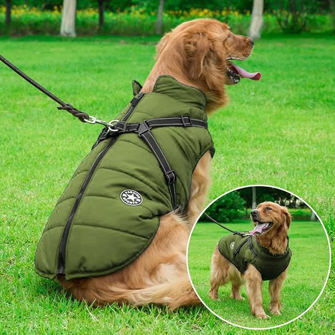 Aiboria Dog Jackets for Winter Windproof Waterproof 2 in 1 Outfit Cold Weather Coat Dog Vest Harness Puppy Winter Warm Jacket Green 4XL