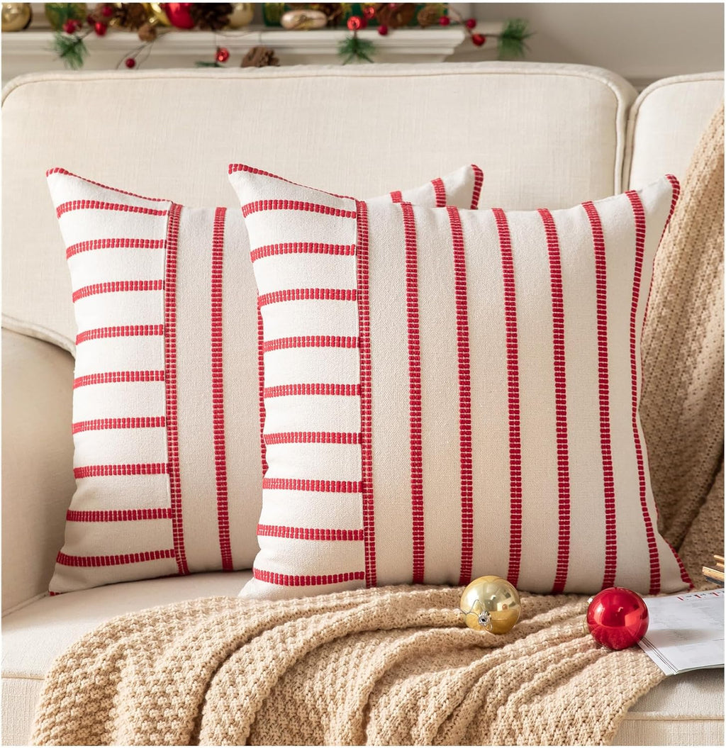 Caflife Boho Christmas Pillow Covers 18x18 Set of 2, Soft Farmhouse Decorative Sofa Pillow Cases, Holiday Red Christmas Throw Pillow Covers, Couch Bed Cushion Covers Living Room Home Decor