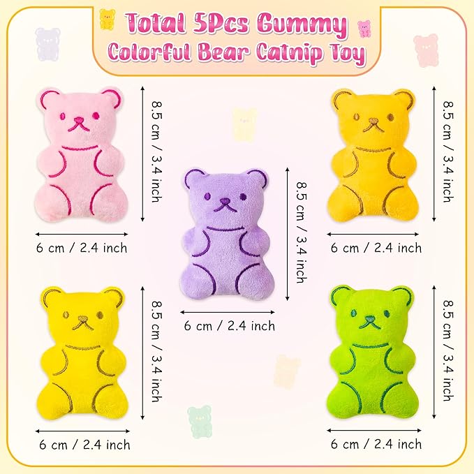 MALLMALL6 Catnip Toys for Cat - 5Pcs Gummy Colorful Bear Catmint Interactive Cat Toy for Indoor Cats, Soft Candy Kitten Supplies, Kitten Teething Chew Toy Set, Cute Pet Gifts for Cat Lover