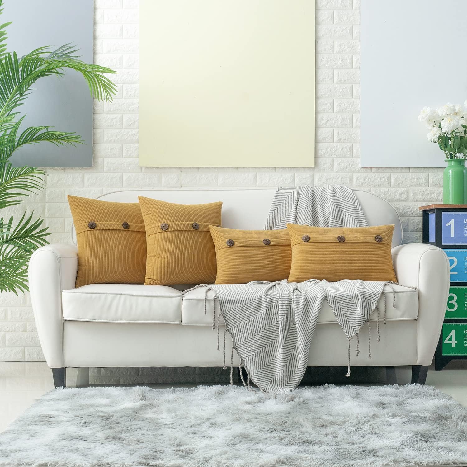 HWY 50 Mustard Yellow Chenille Throw Pillow Covers 12x20 Inch with Triple Buttons, Soft Farmhouse Accent Decorative Cushion Cases for Couch Sofa Living Room Pack of 2 Rectangle