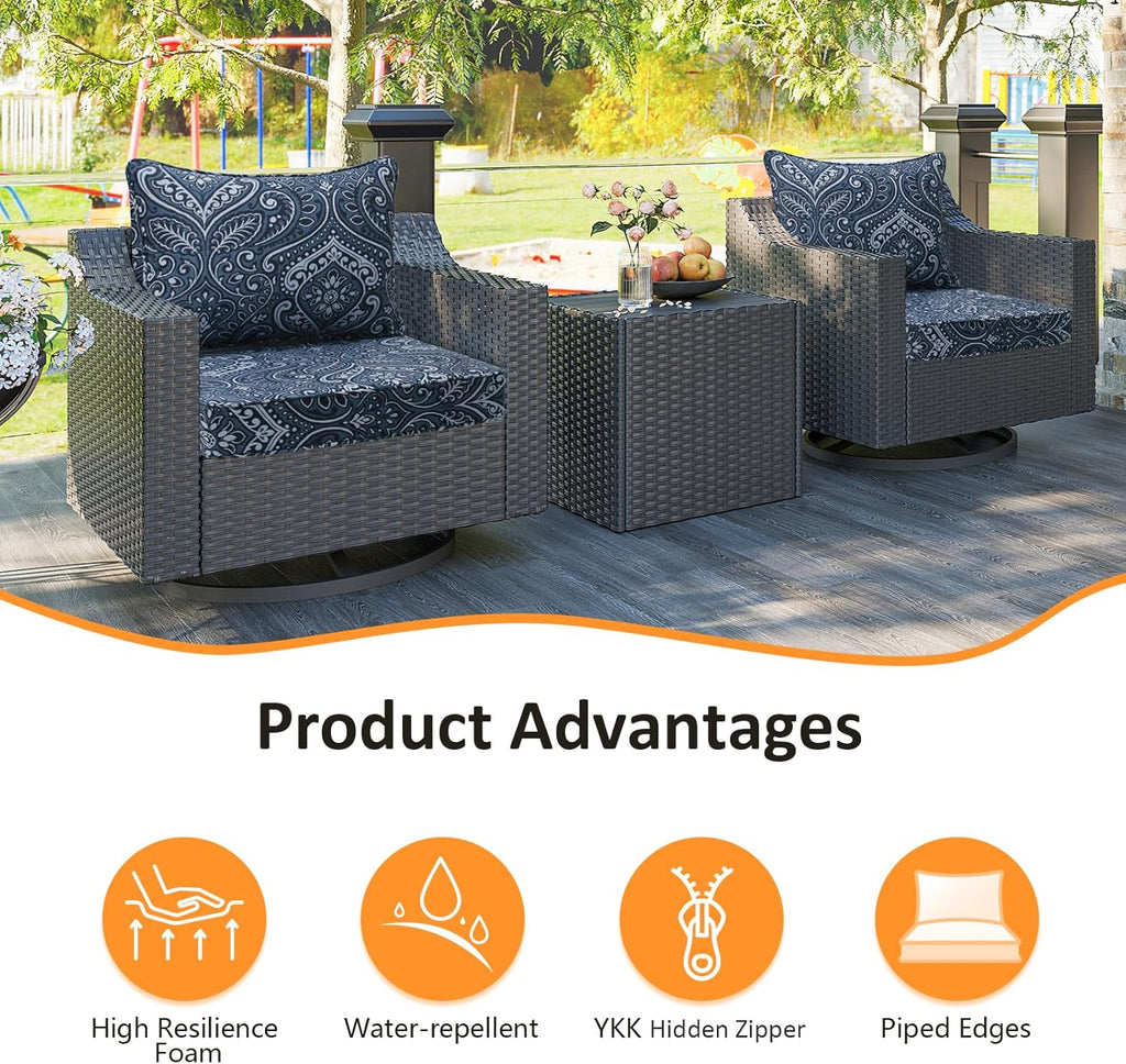 Outdoor Patio Chair Cushions Set, 22" x 22", Set of 2, Water-Repellent, Fade Resistant, Deep Seat Bottom and Back Cushion for Backyard, Couch, Sofa and Patio Furniture, Damask Blue Flower