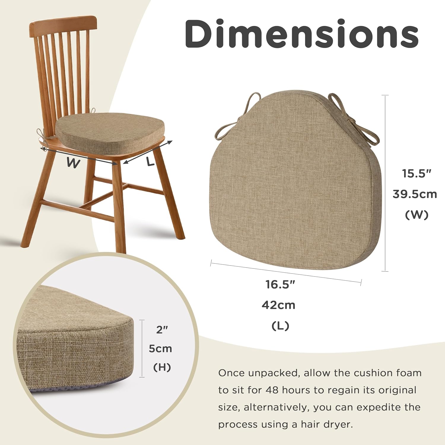 AddGrace Chair Cushions for Dining Chairs Set of 6 Windsor Kitchen Chair Cushions with Removable Textured Cover and Non Slip Bottom Indoor Chair Pads with Ties and Foam (16.5x15.5 Inches Beige)