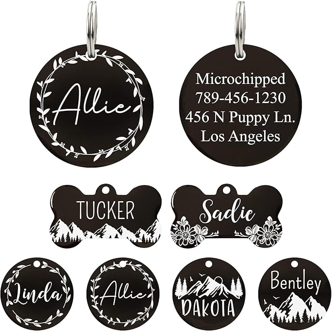 UltraJoys Stainless Steel Pet ID Tag Dog Name Tags Personalized Front and Back Engraving, Customized Dog Tags and Cat Tags, Optional Engraved on Both Sides, Round Tag with Vine Design 2, Small Black