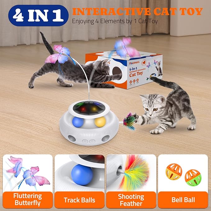 Pawtners Interactive Cat Toy, 4 in 1 Automatic Interactive Kitten Toys for Indoor Cats Rechargeable with Fluttering Butterfly, Track Balls and Ambush Feather