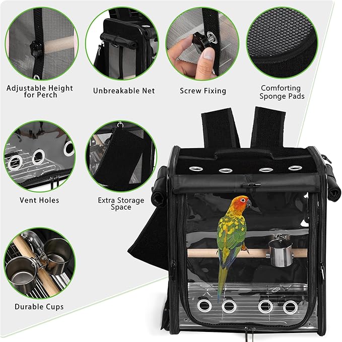 Sanmoncare Bird Carrier for Car Travel with Seat Belt, Indestructible Stainless Steel Mesh Parrot Backpack Travel Cage