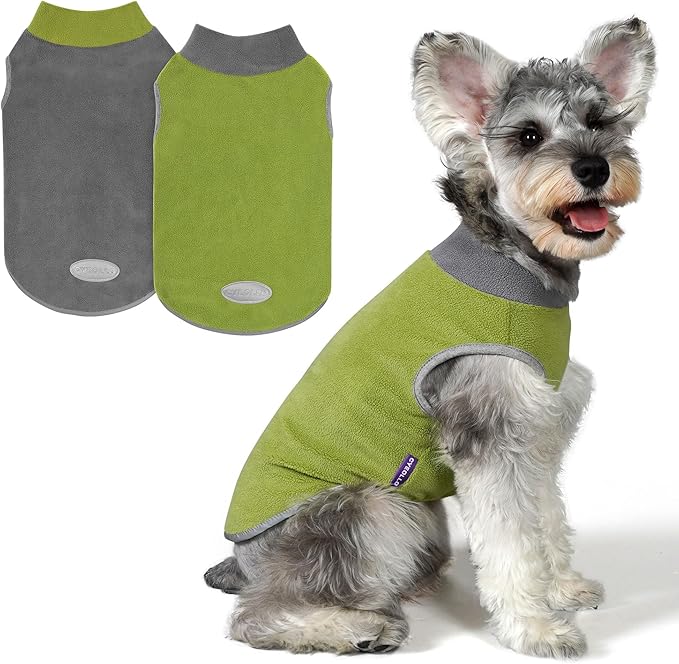 cyeollo 2 Pack Dog Sweater Fleece Vest Dog Sweatshirt Reflective Lightweight Clothes for Small Dogs Boy Girl Pet Apparel Grass Green, Grey, S