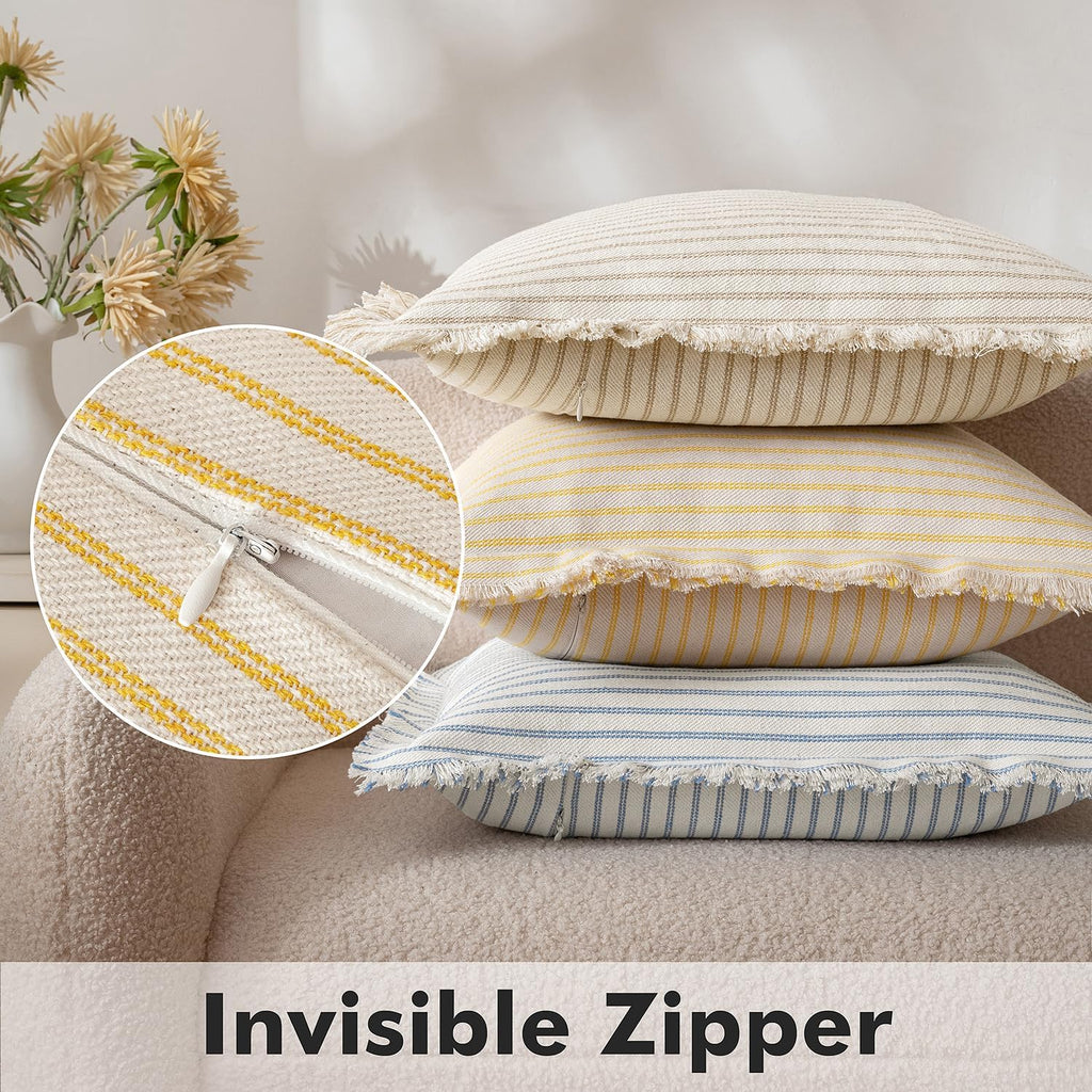 MIULEE Pack of 2 Yellow Pillow Covers 24x24 Inch Striped Farmhouse Couch Throw Pillow Covers with Fringe Chic Cotton Decorative Euro Sham Cushion Covers for Summer Sofa Living Room Bed Home Decor
