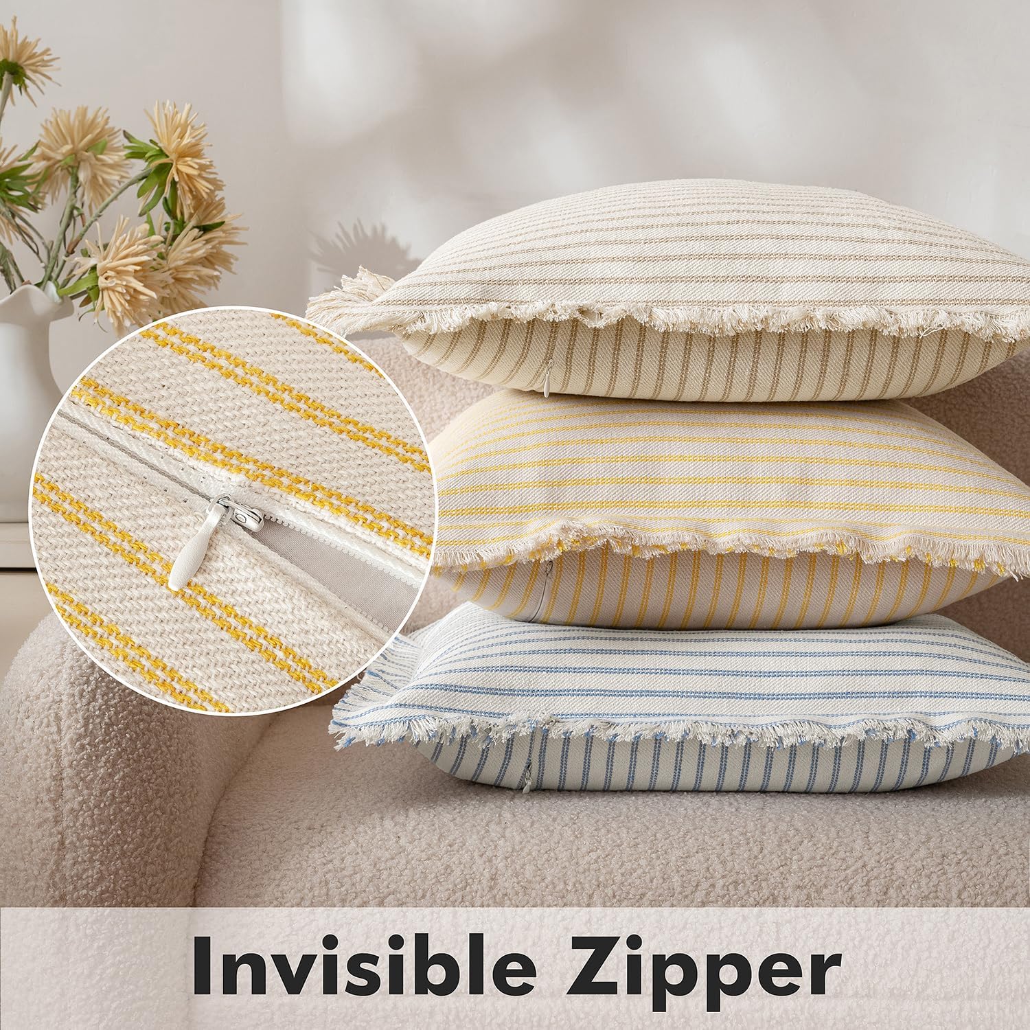 MIULEE Pack of 2 Yellow Pillow Covers 18x18 Inch Striped Farmhouse Couch Throw Pillow Covers with Fringe Chic Cotton Decorative Cushion Covers for Summer Sofa Living Room Bed Outdoor Home Decor