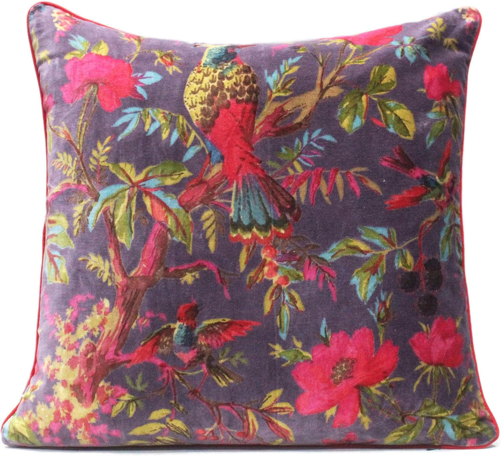 Eyes of India Velvet Floral Flower Bird Throw Pillow Sofa Cushion Cover Case Couch Colorful Boho Chic Bohemian Accent Indian Handmade (Purple, 20" x 12")