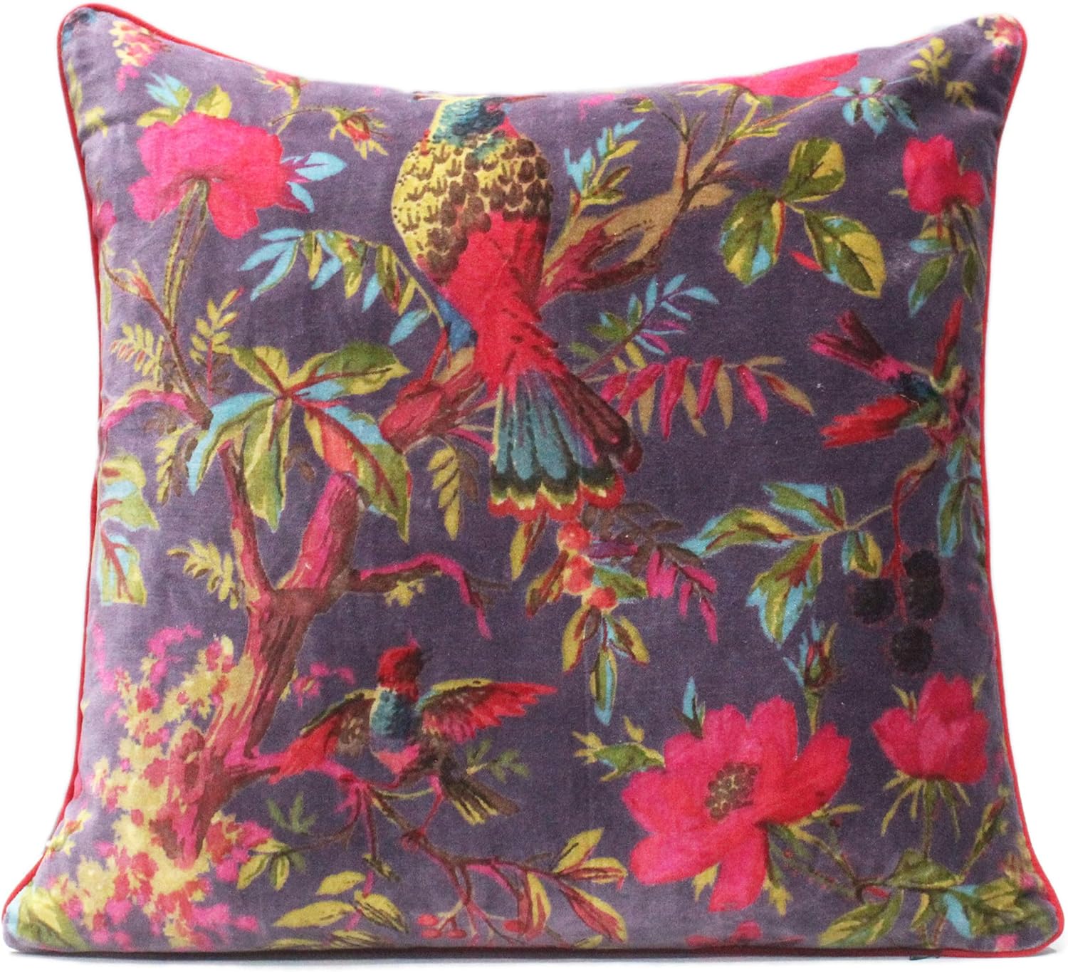 Eyes of India Velvet Floral Flower Bird Throw Pillow Sofa Cushion Cover Case Couch Colorful Boho Chic Bohemian Accent Indian Handmade (Purple, 24" x 24")
