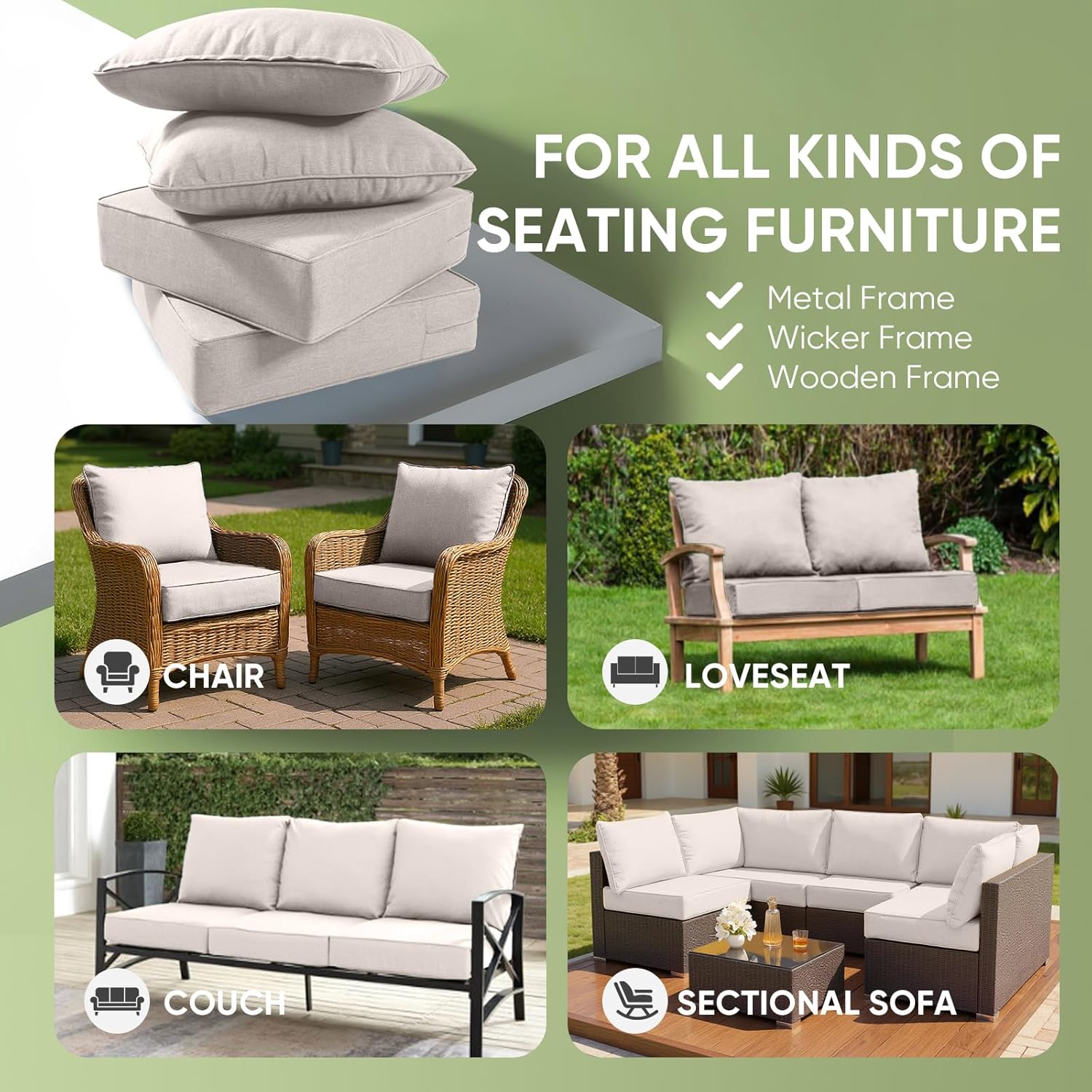 Outdoor Chair Cushions, 6 inch Thick Seat Cushion for Outdoor Furniture, Waterproof 22x24 Patio Furniture Cushions, Patio Couch Cushions Replacement, Include 2 Back & 2 Seat Cushion, Thick/Beige