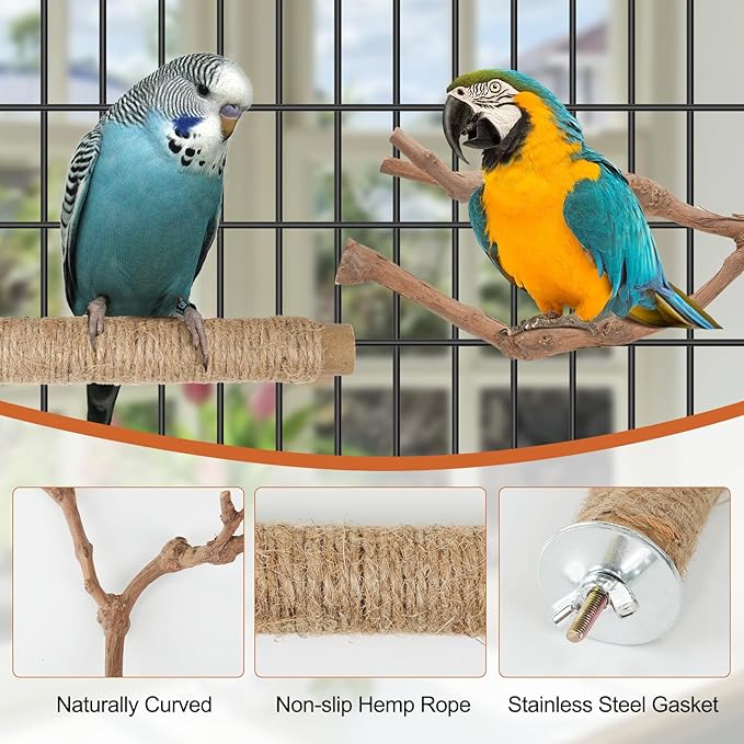 Bird Perch Stand, Pole Standing Natural Wood Bird Perch Set 5PCS Paw Grinding Fork Parrot Cage Branch with Rope for Macaw African Grey Amazon Pet Medium Birds Cage Accessories