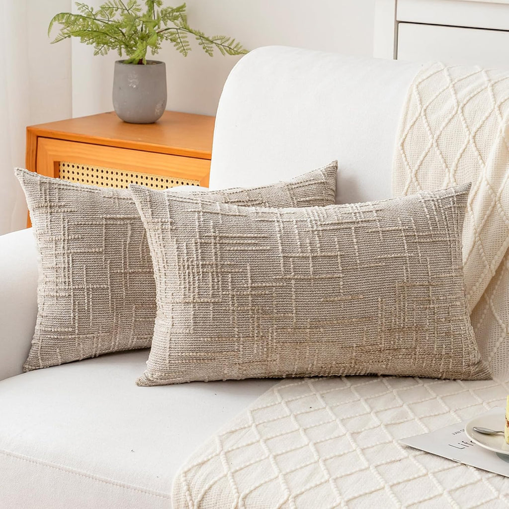 Decorative Throw Pillow Covers 12x20 Inch Set of 2, Soft Solid Farmhouse Chenille Couch Pillows, Spring Pillow Covers for Couch Sofa Bed Living Room Home Decor Pillowcase, Light Khaki