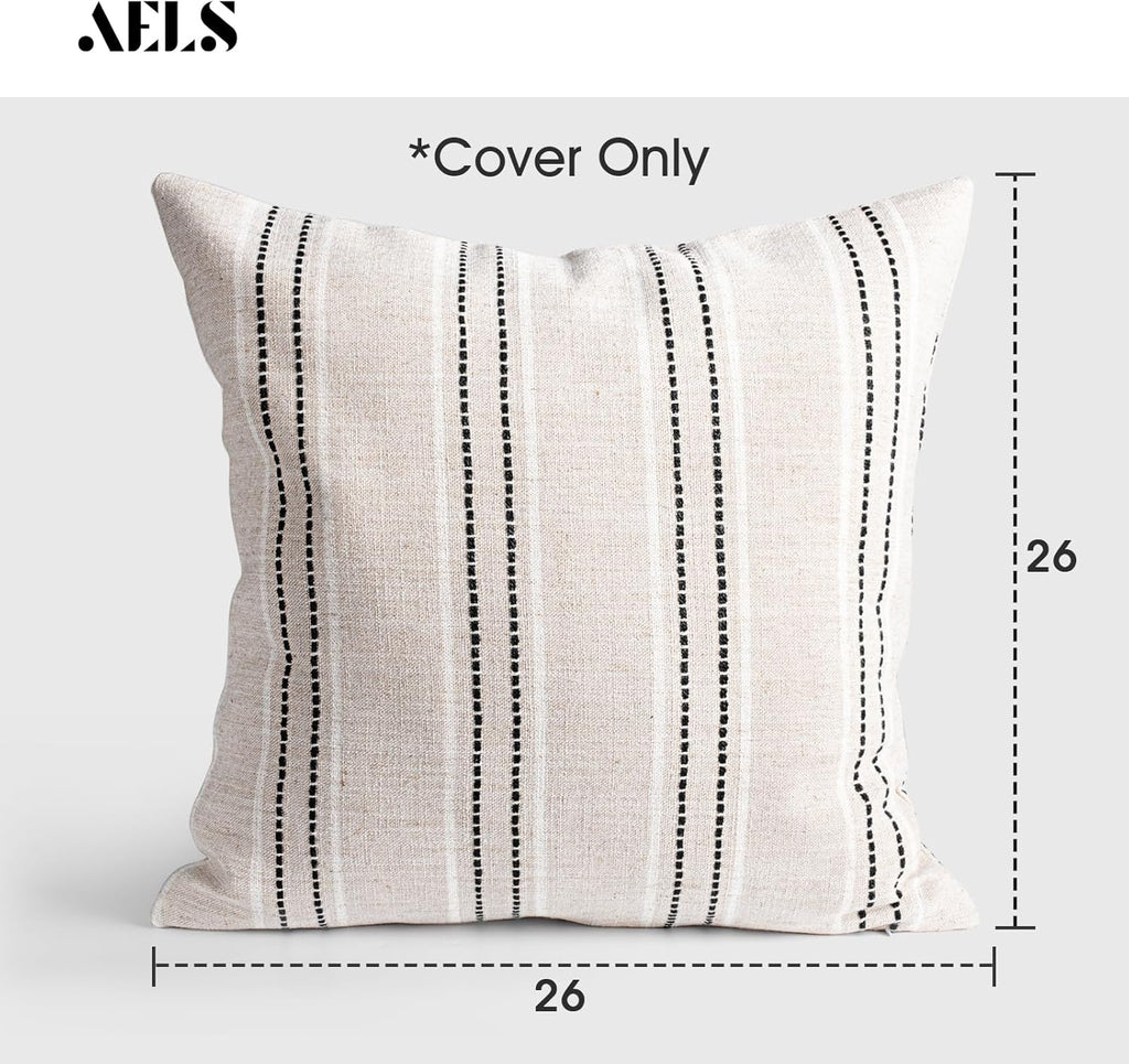 AELS 26x26 Decorative Farmhouse Linen Throw Pillow Covers, Boho Textured Pillow Case, Set of 2, Beige with White & Black Stitch Yarn Dyed Stripe Cushion Cover for Sofa Couch Living Room (Cover ONLY)