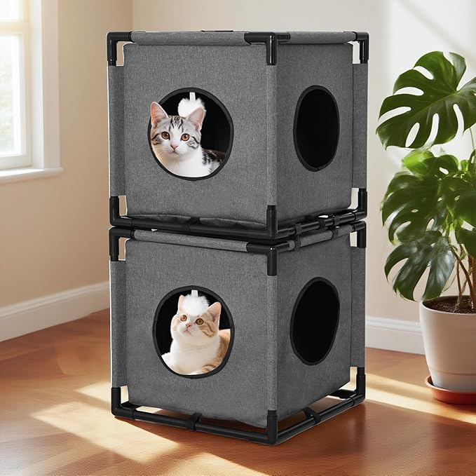 2-Story Cat House for Indoor Cats - Large Cat Cave Bed with Soft Velvet Pad and Fluffy Ball，Stable and Easy to Assemble Kitty Fort, Muti-Functional Cat Condo， Grey