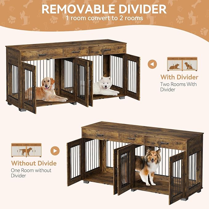 71'' Double Dog Crate Furniture, Large Dog Kennel Indoor with 3 Storage Drawers and Removable Divider for 2 Dogs, Heavy Duty Decorative Dog House TV Stand Side Table for Medium Large Dogs, Brown