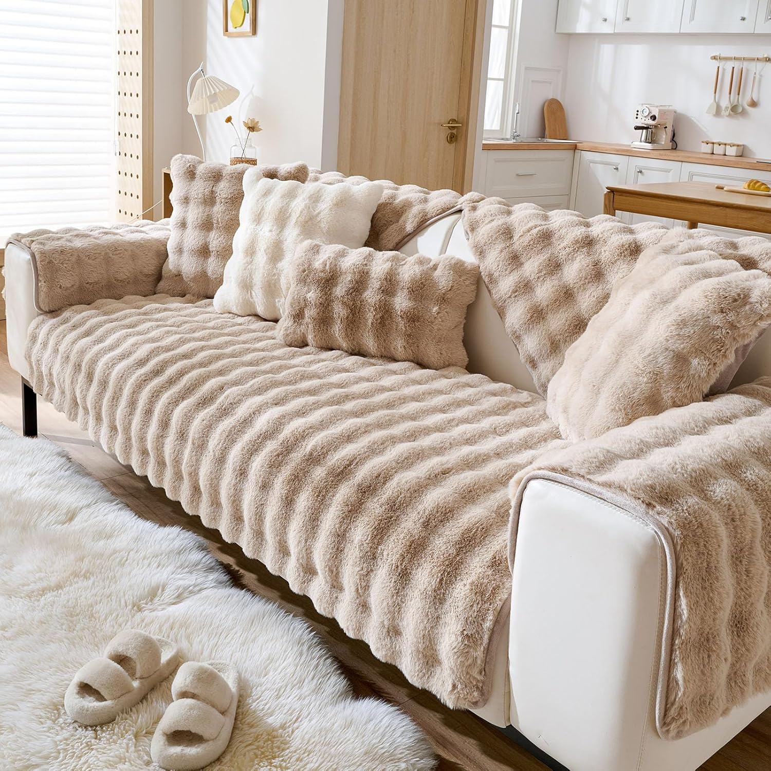 Faux Fur Decorative Throw Pillow Cover Plush Thick Bubble Pillow Covers Luxury Soft Cozy Accent Pillowcase for Spring Sofa Living Room Couch Bed (Khaki,12"x20")