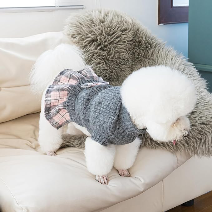 WOYYHO Girl Dog Sweater Dress with Bowtie Turtleneck Small Dogs Sweater with Leash Hole, Knitted Small Dog Sweaters Dress Puppy Winter Clothes for Yorkies Chihuahua (Large, Gray)