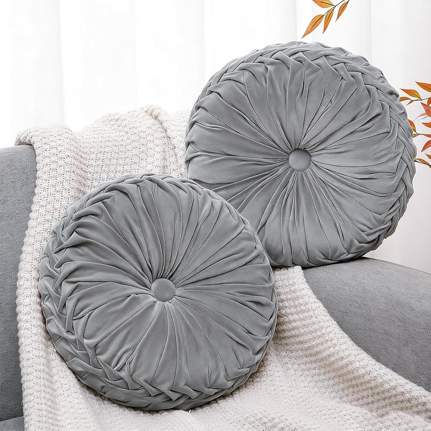 2 Pcs Round Throw Pillows 15 Inch Decorative Velvet Pleated Pumpkin Floor Boho Pillows for Living Room Couch Chair Bed Sofa (Gray)